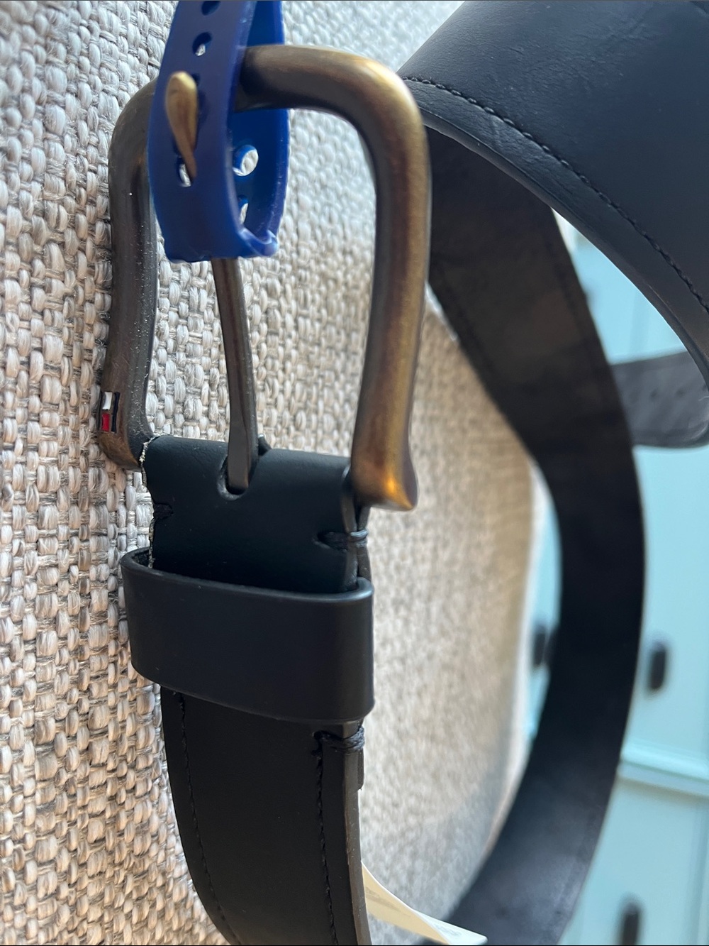 Tommy Hilfiger Black Leather Belt with Antique Brass Buckle